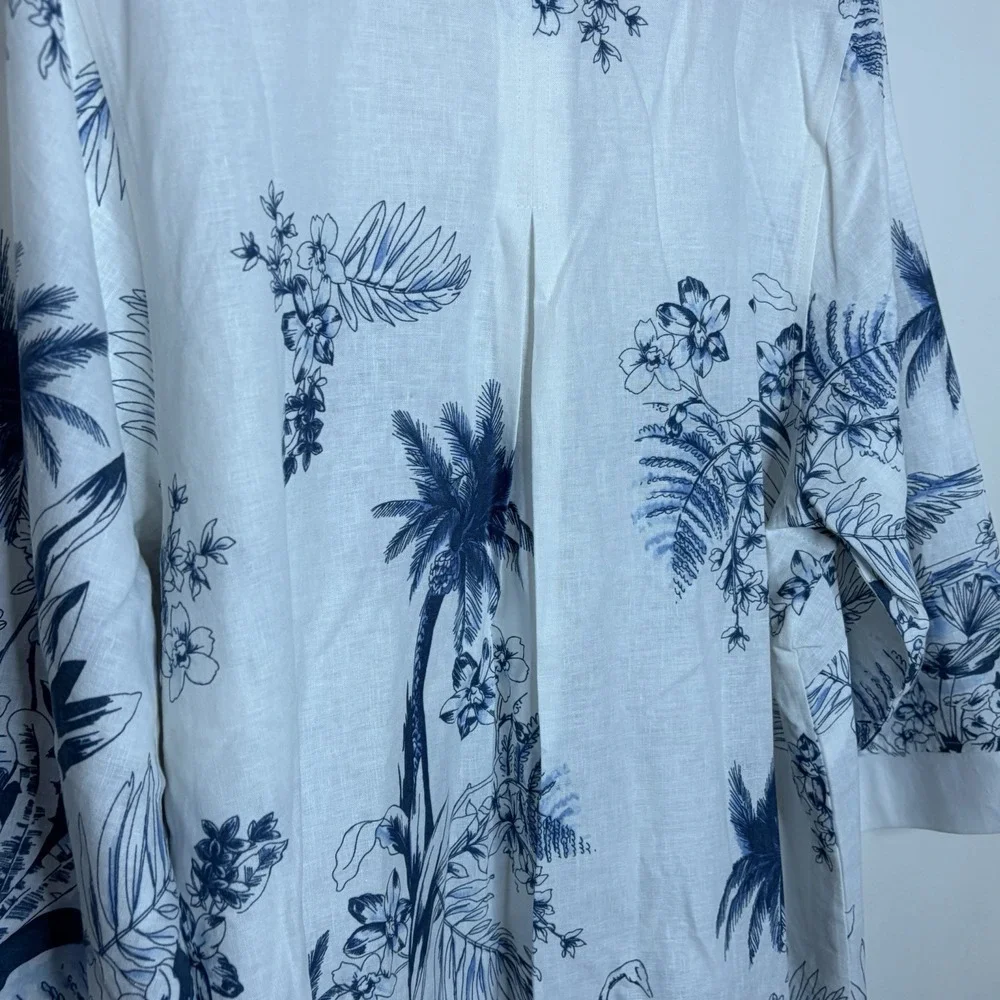 Linen Blend Tropical Floral Print Top Blue White Womens 2X Coastal Aloha Beachy - Picture 7 of 7